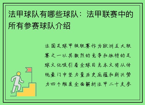 法甲球队有哪些球队：法甲联赛中的所有参赛球队介绍